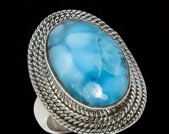Larimar Silber Oval Statement Ring / Handgemachter Ozean Blau Edelstein Vintage Design / Geschenk für Sie
