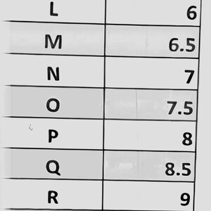 K&ouml;nnte beinhalten: Ringgr&ouml;&szlig;en-Umrechnungstabelle mit britischen und US-amerikanischen Gr&ouml;&szlig;en. Die Tabelle enth&auml;lt Gr&ouml;&szlig;en von H (US-Gr&ouml;&szlig;e 4) bis Z (US-Gr&ouml;&szlig;e 13). Die Tabelle befindet sich auf wei&szlig;em Hintergrund mit schwarzem Text.
