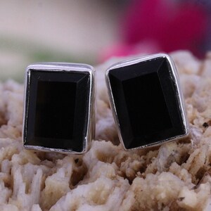 Cut Stone Black Onyx 925 Sterling Silver Stud Earrings/Handmade Fine Silver Jewellery/Boho Gift for Her/Minimalist Gemstone Earrings