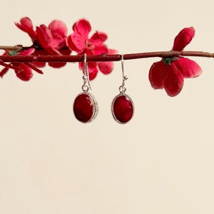 Op de afbeelding: Een paar zilveren oorbellen met ovale rode edelsteen druppels.