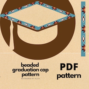 May include: A graduation cap pattern with a beaded design. The cap's border is light blue with a repeating pattern of red and white star-like shapes. The words "beaded graduation cap pattern" and "PDF pattern" are displayed.