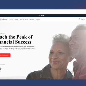 May include: A website homepage for Pinnacle CPA Group, a financial services company. The website features a photo of an older couple smiling and looking at each other. The text on the page reads "Reach the Peak of Financial Success" and "Expert CPA Services Tailored for Individuals and Businesses. Elevate your financial strategy with our professional expertise."