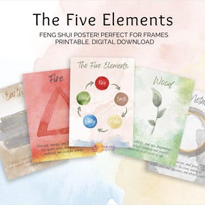 Feng Shui 5 Elements Printable Wall Art – Earth, Water, Fire, Wood, Metal – Digital Download Poster Set with Bonus Version