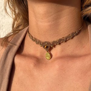 Macrame Necklace “Tjara” - Handmade Boho Choker with Tiger’s Eye and Brass Pendant - Adjustable Tribal Festival Jewelry - Hippie Style