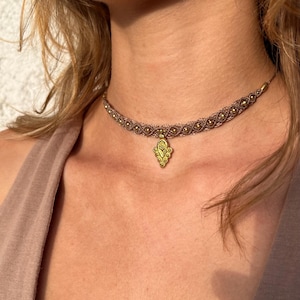 Macrame Necklace “Yula” - Boho Choker with Beads and Gold Pendant - Boho Handmade Jewelry - Festival Choker - Gift for her