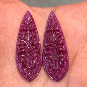 100% Natural No Heat Ruby Carving Pair , Beautiful Flower Carved Ruby Carving , Long Pear Cut Ruby Carving Pair For Making Luxury Earring .