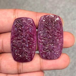 Natural No Heat Ruby Carving Pair , HandMade Flower Carved Ruby Carving , Cushion Cut Ruby Carving Pair For Making Luxury Earring .