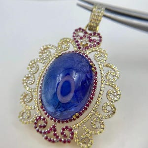 34.10 Ct’s , Natural Tanzanite Pendant , Oval Cab Pendant , Natural Ruby & Yellow Sapphire Pendant , With Free 925 Sterling Silver Chain .