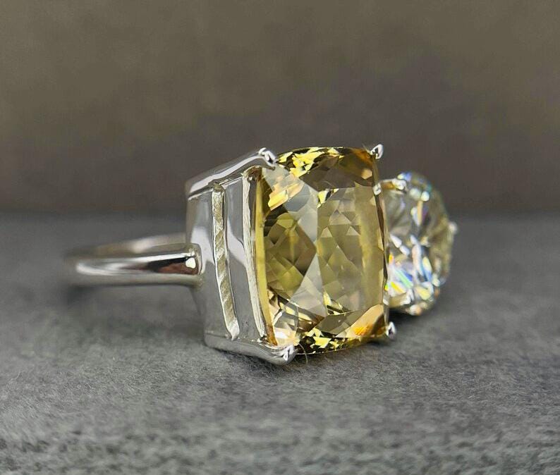 Silver Beryl Rings 6.60 Ct’s , Amazing Natural Beryl Ring , Cushion Cut Ring , Mossanite ...