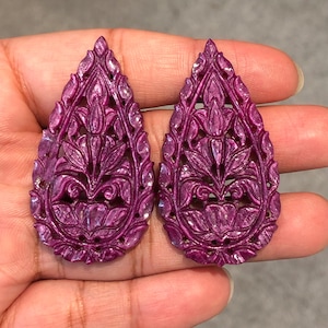 Natural No Heat Ruby Carving Pair , Beautiful Flower Carved Ruby Carving , Long Pear Cut Ruby Carving Pair For Making Luxury Earring .