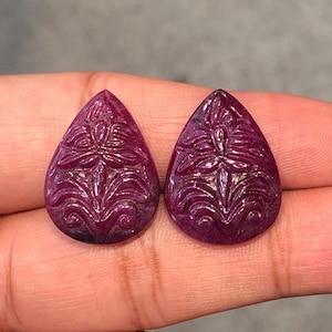 100% Natural No Heat Ruby Carving Pair , Beautiful Flower Carved Ruby Carving , Long Pear Cut Ruby Carving Pair For Making Luxury Earring .