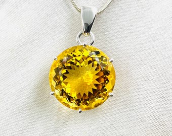 Natural Citrine Pendant , Round Cut Pendant , BirthStone Pendant , Gift For Her ,  Citrine Pendant With Free 925 Sterling Silver Chain .
