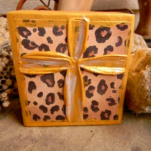Hand Painted Gold Cross Wood Block Art: Leopard Print Decor (4x4)