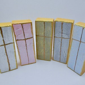 Hand Painted Textured Cross: Gold Wood Block Art, Shelf Sitter