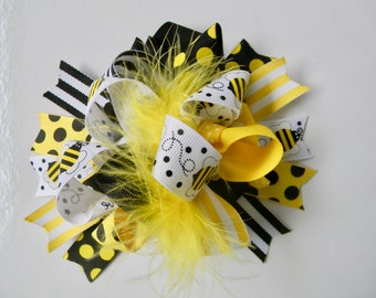 Bee Hair bow- Over the Top Bows- Bumble Bee Boutique Style Bows-Pigtail Hair Bow