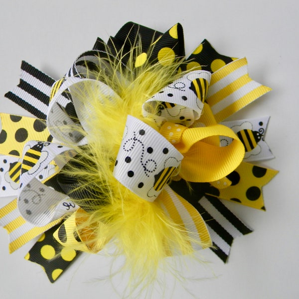 Bee Hair bow- Over the Top Bows- Bumble Bee Boutique Style Bows-Pigtail Hair Bow