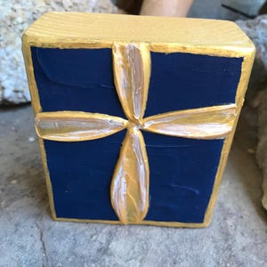Hand Painted Cross Wood Block Art: Navy & Gold Shimmer (4x4)