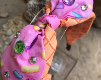Ice Cream Sprinkle Headband-Sprinkle Bow-Birthday Knot Bow-Waffle Cone headband-Donut HeadBand-Hair Candy headband-Frosting Headband