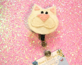 White Kitty Badge Reel - Felt Badge Reel - ID Badge Reel - Retractable Badge Reel - Retractable ID Reel - Nurse Gift