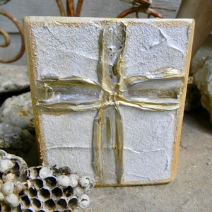 Hand Painted Gold Cross Wood Block Art: Baptism Gift (4x4)