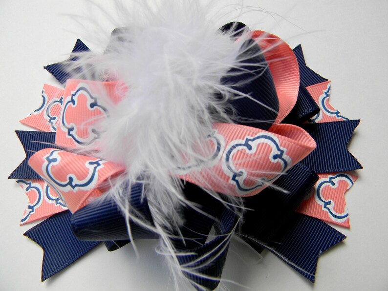 Navy and Coral Hair Bows-Ott Hair Bow-Coral and Navy Blue hair bow-Blue orange hair bow