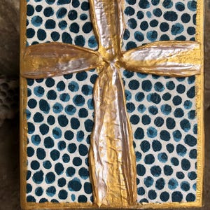 Hand Painted Gold Cross Wood Block Art: Baptism Gift, Home Decor (4x4x2)