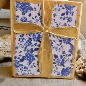 Hand Painted Gold Cross Wood Block Art: Blue Floral Decoupage