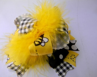 Gingham Bee Hair Bow: Yellow Feather Accent