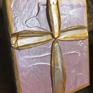 Hand Painted Cross Wood Block Art: Shimmering Gold Texture (4x4)