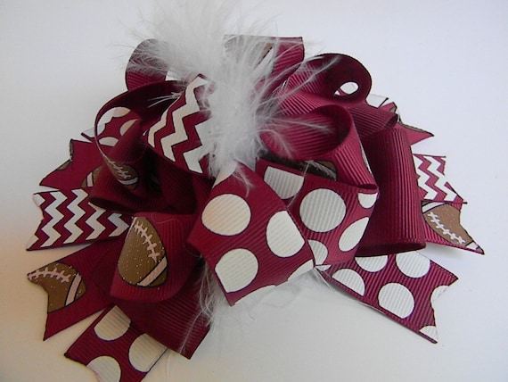 Maroon Football Hair Bow: White Polka Dot & Chevron Pigtail Bow