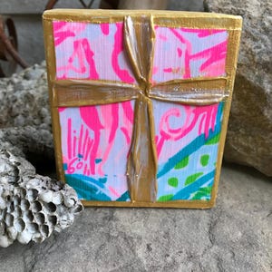 Designer Fabric Cross Art: Gold Accent Wood Block (4x4)