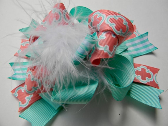 Navy and Coral Hair Bows-Ott Hair Bow-Coral and Navy Blue hair bow-Blue orange hair bow