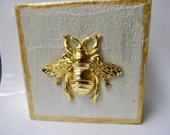 Hand Painted Bee Wood Block Art, Gold Bee Art, wooden bee art, Bee art, Texture Art, Baptism Gift, Baby decor, home decor, Wedding gift