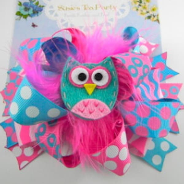 OTT  Baby Owl Bow Hair bow Over the Top Boutique Style pink aqua bow Add a felt Applique