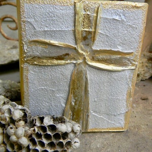 Hand Painted Gold Cross Wood Block Art: Baptism Gift (4x4)