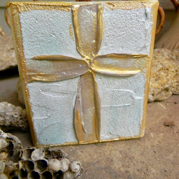 4x4 Hand Painted Cross Wood Block Art, Gold Cross Art, Texture Art, Baptism Gift, Baby decor, home decor, Wedding gift