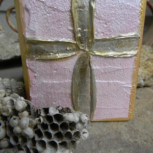 Hand Painted Cross Wood Block Art: Gold Texture (4x4)