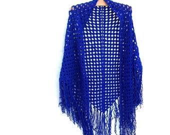 Crochet Triangle Fringe Shawl - 70's Style - Royal Blue