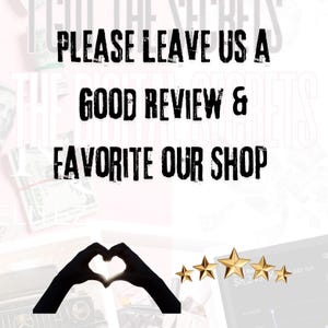May include: Black and white text on a pink background that reads "Please leave us a good review & favorite our shop". Below the text is a silhouette of two hands making a heart shape with a gold heart inside. Five gold stars are below the hands.