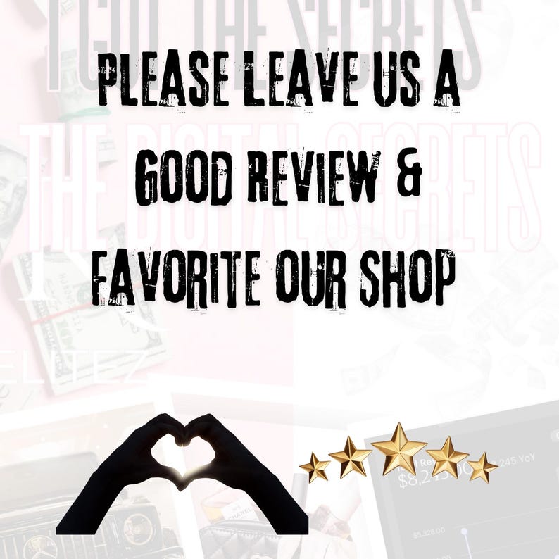 May include: Black and white text on a pink background that reads "Please leave us a good review & favorite our shop". Below the text is a silhouette of two hands making a heart shape with a gold heart inside. Five gold stars are below the hands.