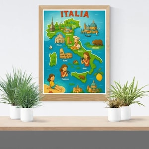 Colorful Italy Map Poster – Cute Illustrated Italian Landmarks Wall Art – Instant Download Printable Map – Kids Room Decor, Travel Gift
