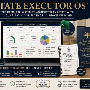 May include: Estate Executor OS digital system featuring a laptop displaying an Excel dashboard, a 48-page printable binder with tabbed dividers, and an 8-page quick start guide. The dark blue and gold branding includes text for task management.