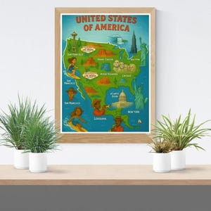 USA Map Poster – 18x24” Printable Wall Art – Cute Illustrated United States Map – Digital Download for Kids Room, Classroom or Travel Gift