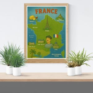 France Map Poster – Printable Illustrated Wall Art – 18x24” Digital Download -Cute French Landmarks for Kids Room, Classroom or Travel Decor