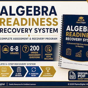 May include: A spiral-bound Algebra Readiness Recovery System workbook for grades 6-8. The cover features the title, PlanivoDigital logo, and text: A Structured Path from Assessment to Mastery. Includes 83 pages, 200 questions, and a 5-step recovery system.