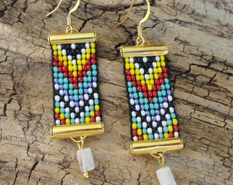 Chevron Loom Earrings, Gold Beaded Loom Earrings, Moonstone Earrings