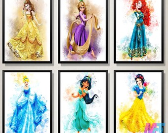 Princess Watercolor Art Prints: Set of 6, Kids Room Decor (Digital Download)
