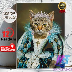 Custom Queen Royalty Pet Portrait, Custom Pet Portrait from Photo to Wall Art, Canvas Portrait for Dogs and Cats, Renaissance Pet Portrait.