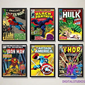 May include: Six framed comic book covers featuring Marvel superheroes. The covers are in black frames and feature the following characters: Spider-Man, Black Panther, Hulk, Iron Man, Captain America, and Thor. The covers are all in a vintage style with bright colors and bold lettering.
