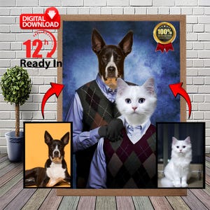 Retrato personalizado de mascotas de hermanastro, retrato de gato y perro de su propia foto, regalos de Navidad, retrato de mascota personalizado, regalo único del dueño de la mascota.